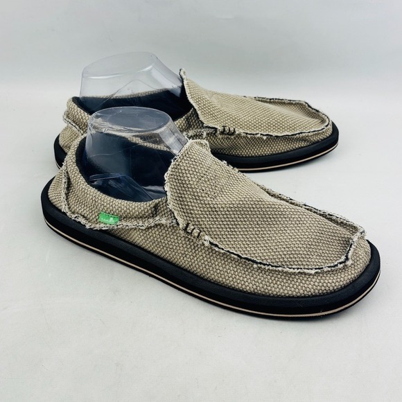Sanuk Chiba Sidewalk Surfer Mens 10 Tan Frayed Canvas Slip On Comfort Loafer - Picture 1 of 13